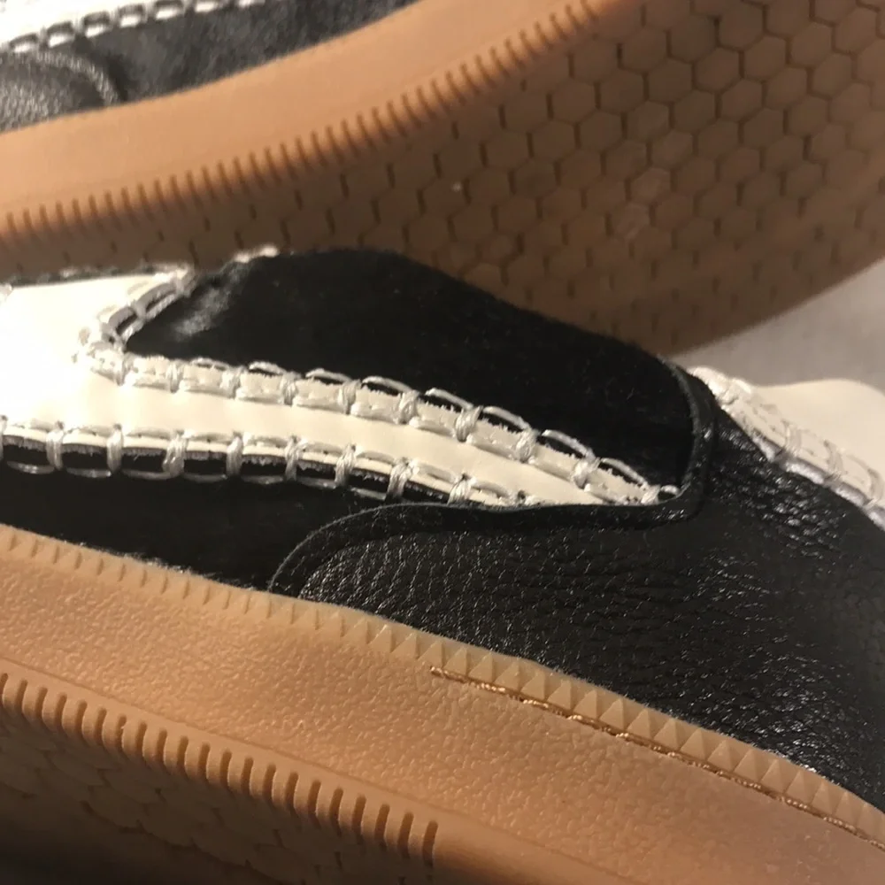 Dolce Vita Women Notice Black Leather & Fur Sneakers with White Stitched Accents